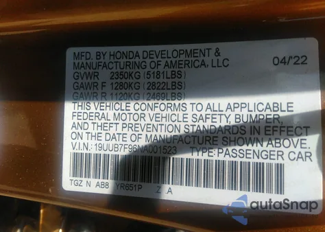 2022 Acura Tlx Type S z USA, uszkodzony, nr VIN 19UUB7F96NA001523